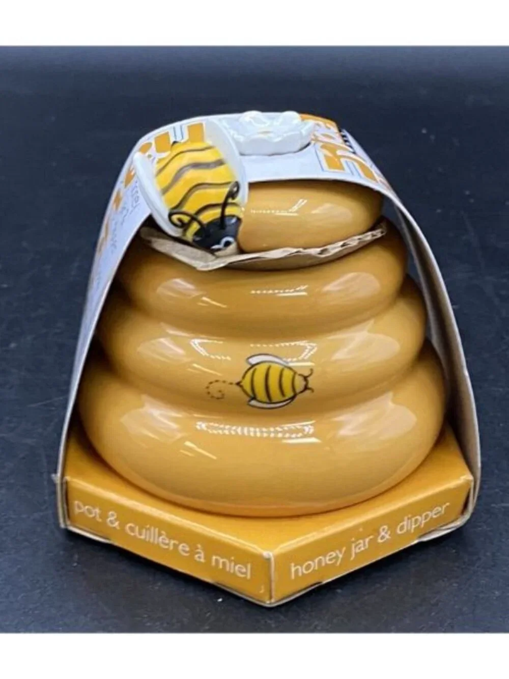 Mini Honey Pot Ceramic Jar & Wood Dipper Joie MSC Beehive with Bee 2002 BPA free